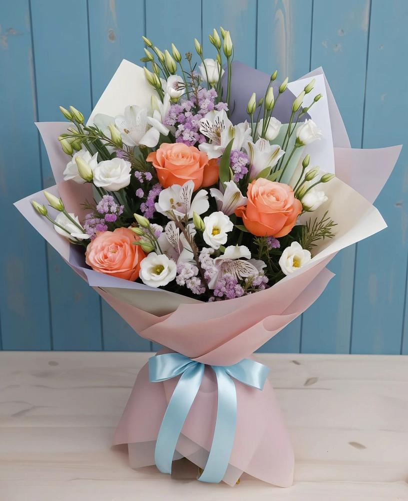 Букет цветов из: Лизиантусы, Розы, Альстромерии и Гипсофила в Мантурове Курской области