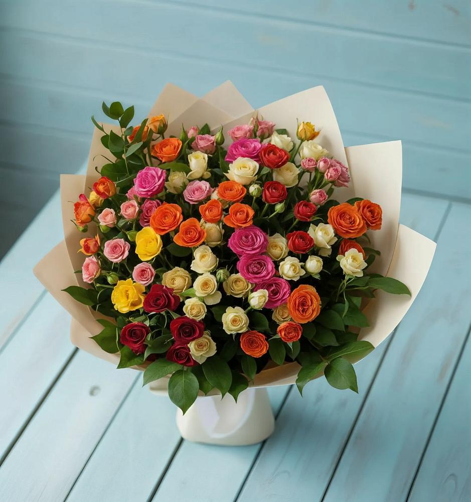 Букет Микс из разноцветных кустовых роз в Мантурове Курской области